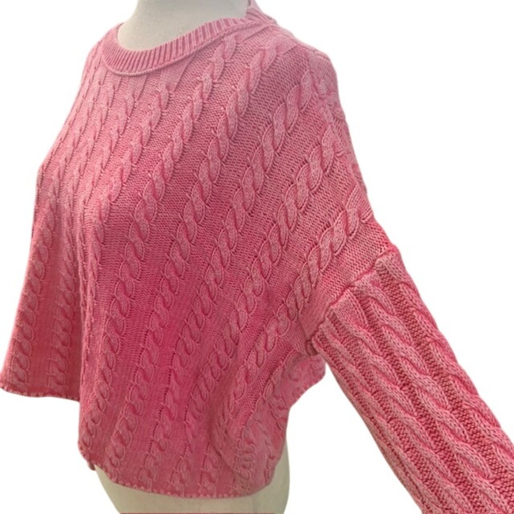 Lucky Brand Oversized Cable Knit Sweater M Cropped Fisherman Coastal Preppy Pink